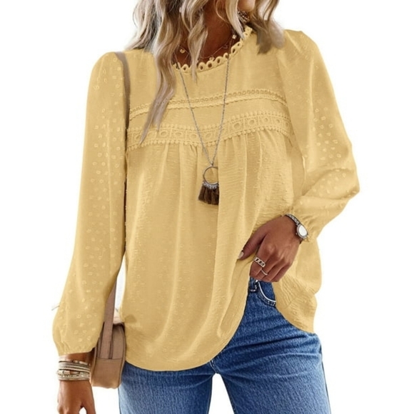 Tops - UVN Long Sleeve Blouses Ladies Crewneck Lace Crochet Tops